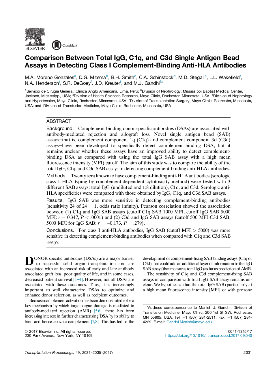 Comparison Between Total IgG, C1q, and C3d Single Antigen Bead Assays in Detecting Class I Complement-Binding Anti-HLA Antibodies