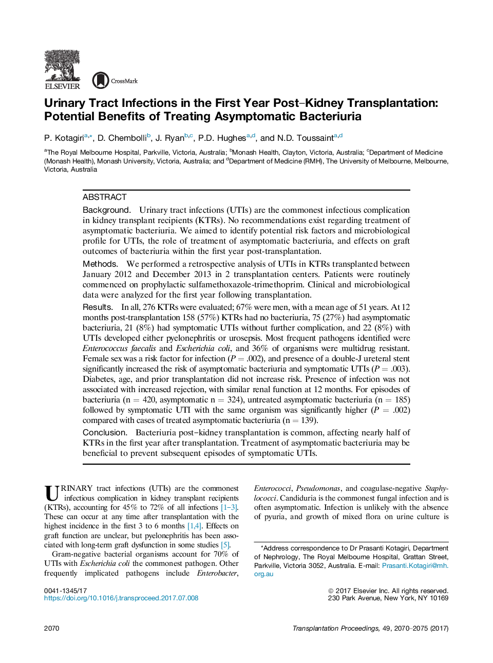 Urinary Tract Infections in the First Year Post-Kidney Transplantation: Potential Benefits of Treating Asymptomatic Bacteriuria