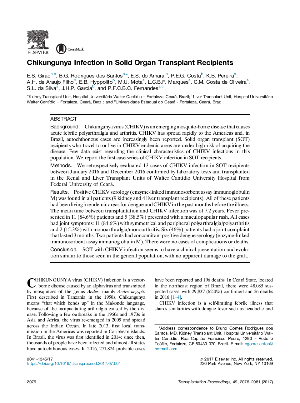 Chikungunya Infection in Solid Organ Transplant Recipients