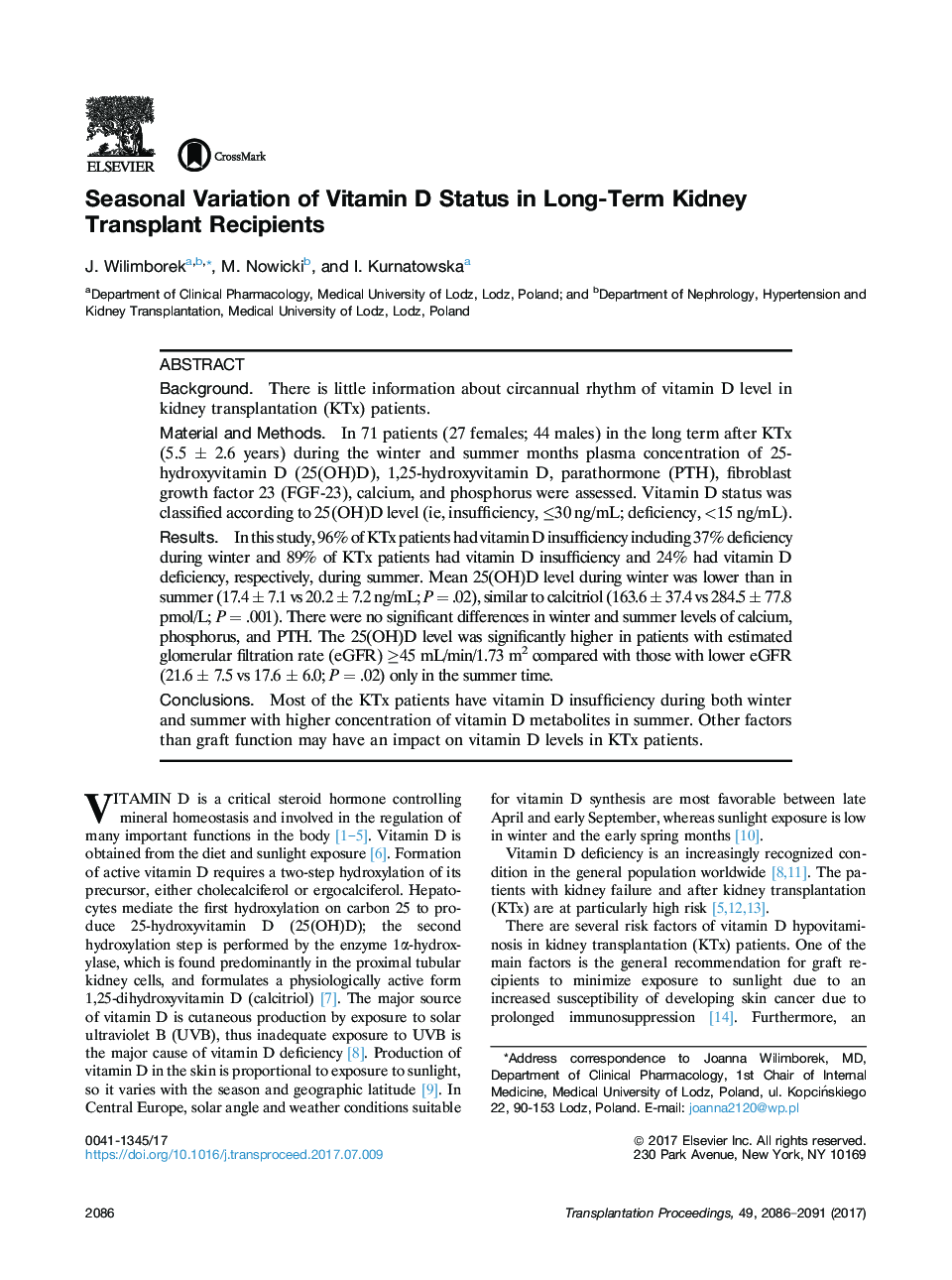 Seasonal Variation of Vitamin D Status in Long-Term Kidney Transplant Recipients