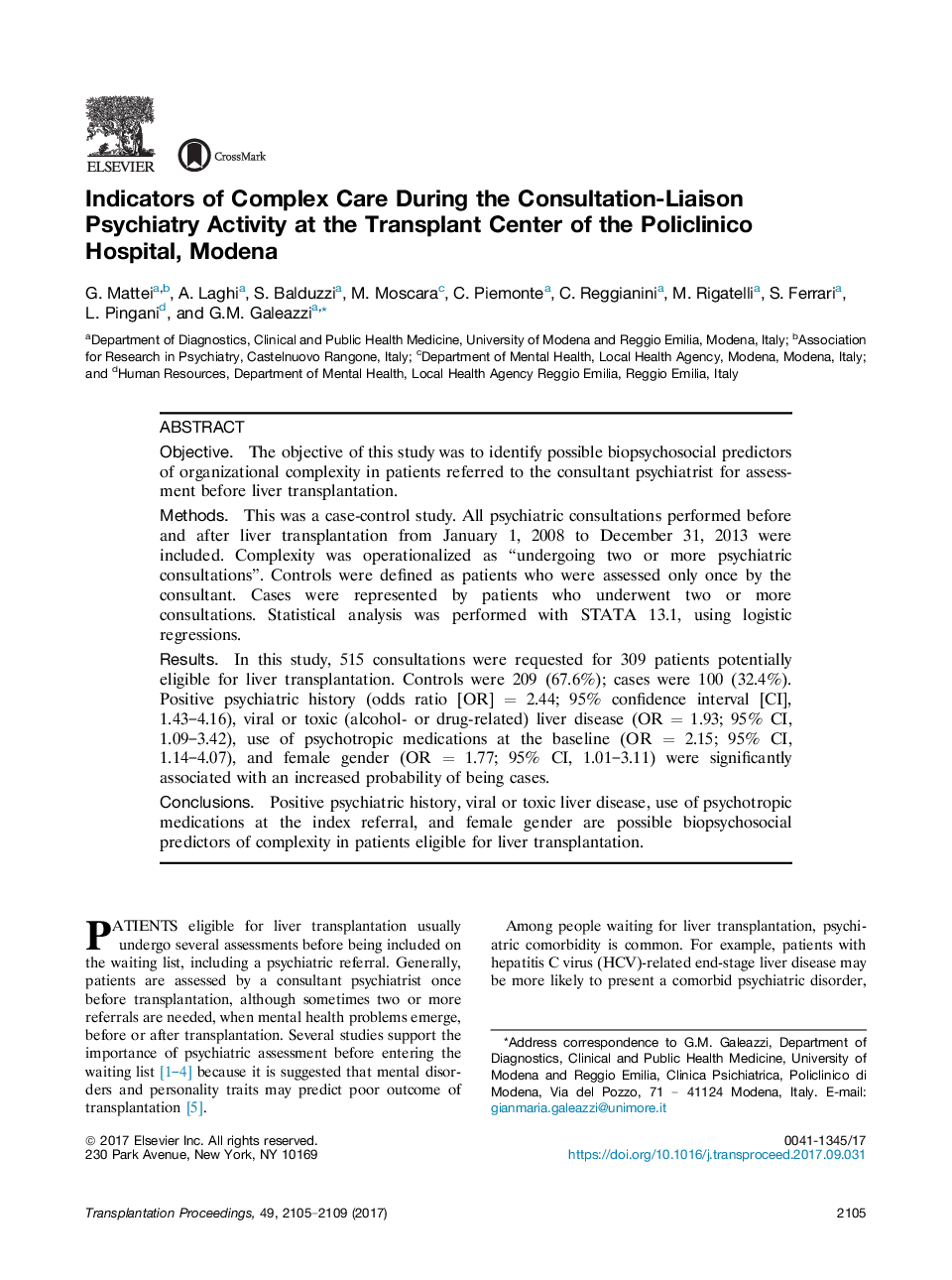 Indicators of Complex Care During the Consultation-Liaison Psychiatry Activity at the Transplant Center of the Policlinico Hospital, Modena