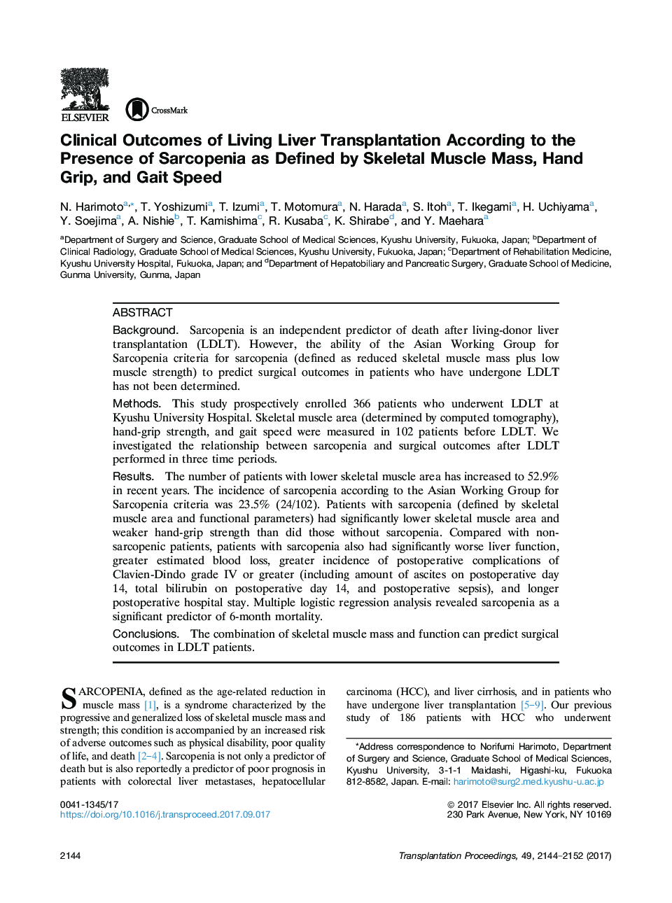 Clinical Outcomes of Living Liver Transplantation According to the Presence of Sarcopenia as Defined by Skeletal Muscle Mass, Hand Grip, and Gait Speed