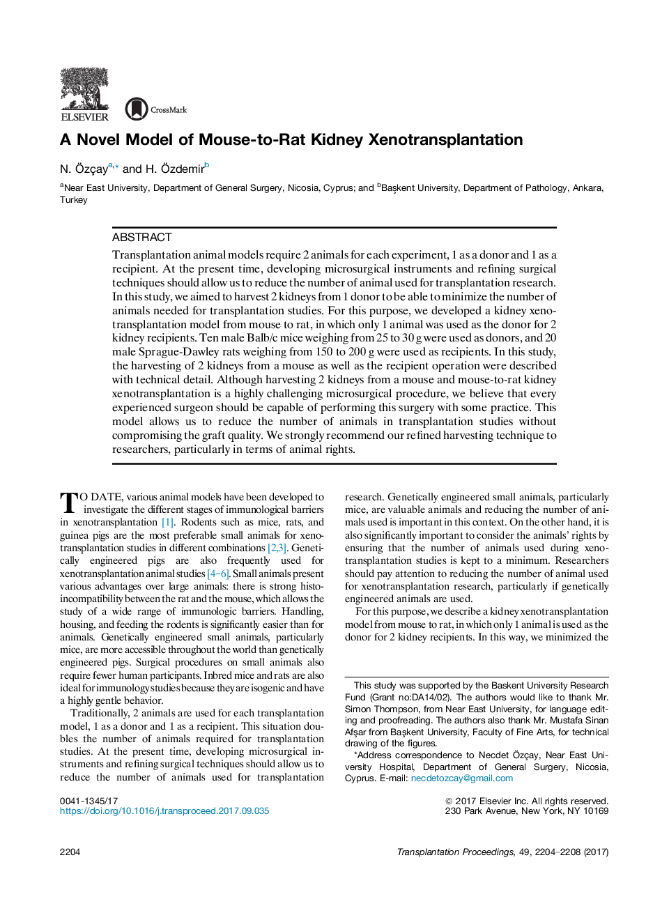 A Novel Model of Mouse-to-Rat Kidney Xenotransplantation