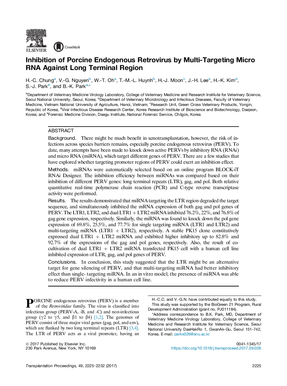 Inhibition of Porcine Endogenous Retrovirus by Multi-Targeting Micro RNA Against Long Terminal Region