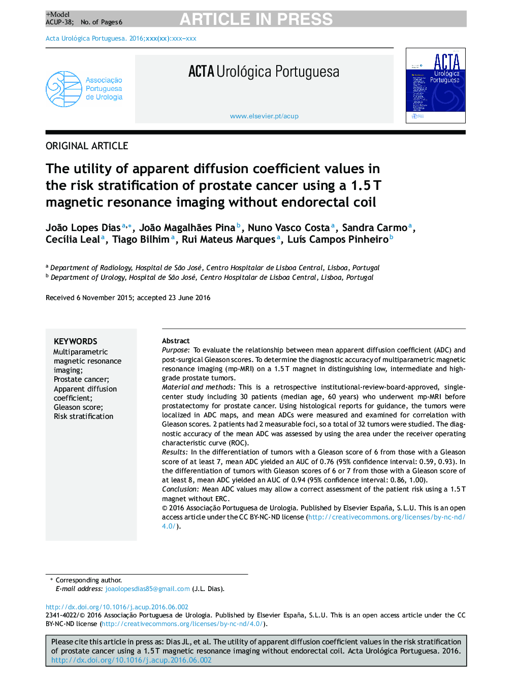 The utility of apparent diffusion coefficient values in the risk stratification of prostate cancer using a 1.5Â T magnetic resonance imaging without endorectal coil
