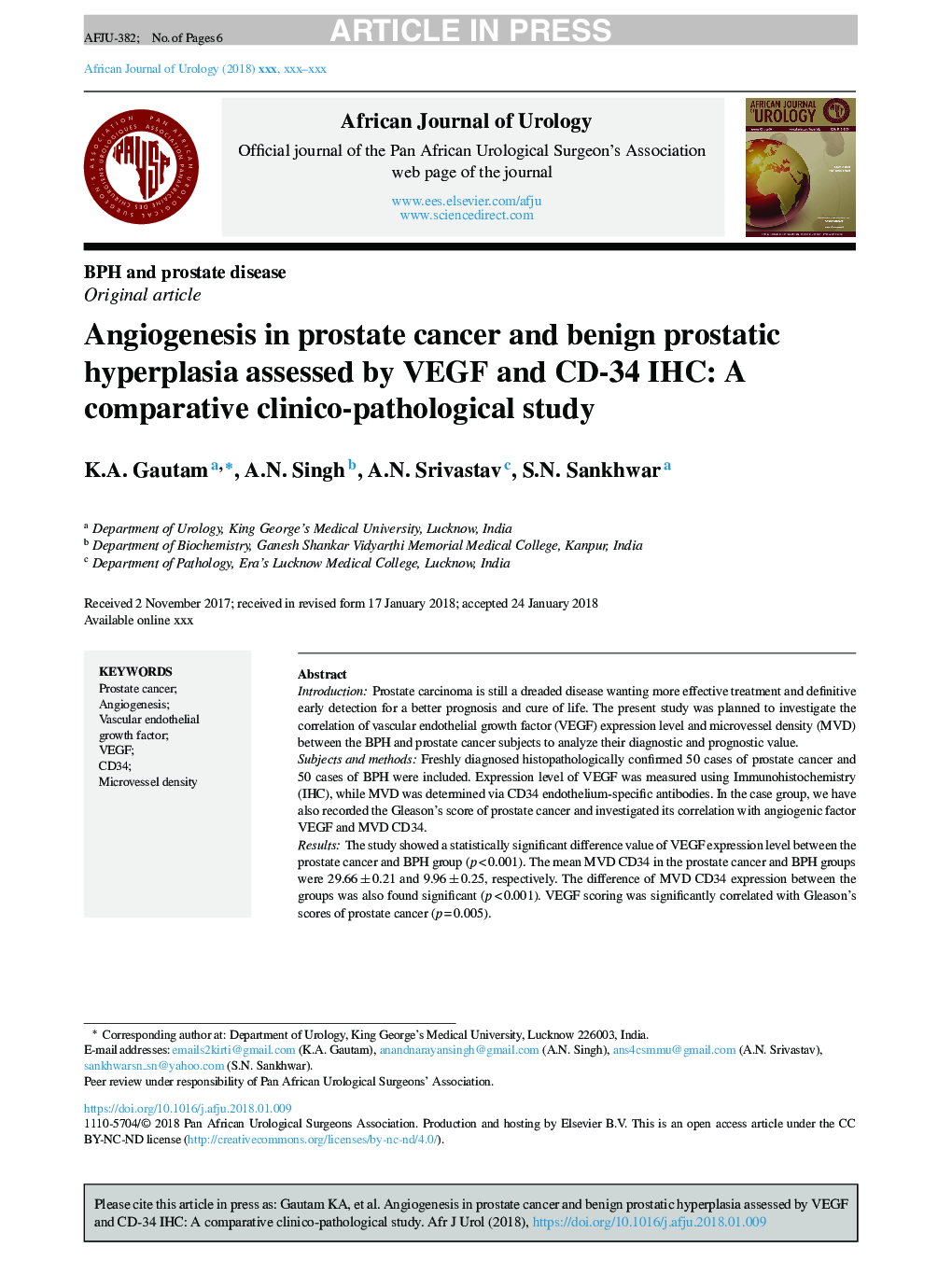 Angiogenesis in prostate cancer and benign prostatic hyperplasia assessed by VEGF and CD-34 IHC: A comparative clinico-pathological study