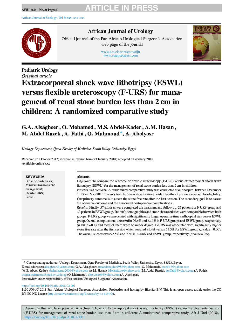 Extracorporeal shock wave lithotripsy (ESWL) versus flexible ureteroscopy (F-URS) for management of renal stone burden less than 2â¯cm in children: A randomized comparative study