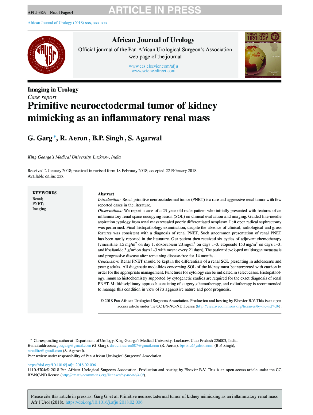 Primitive neuroectodermal tumor of kidney mimicking as an inflammatory renal mass