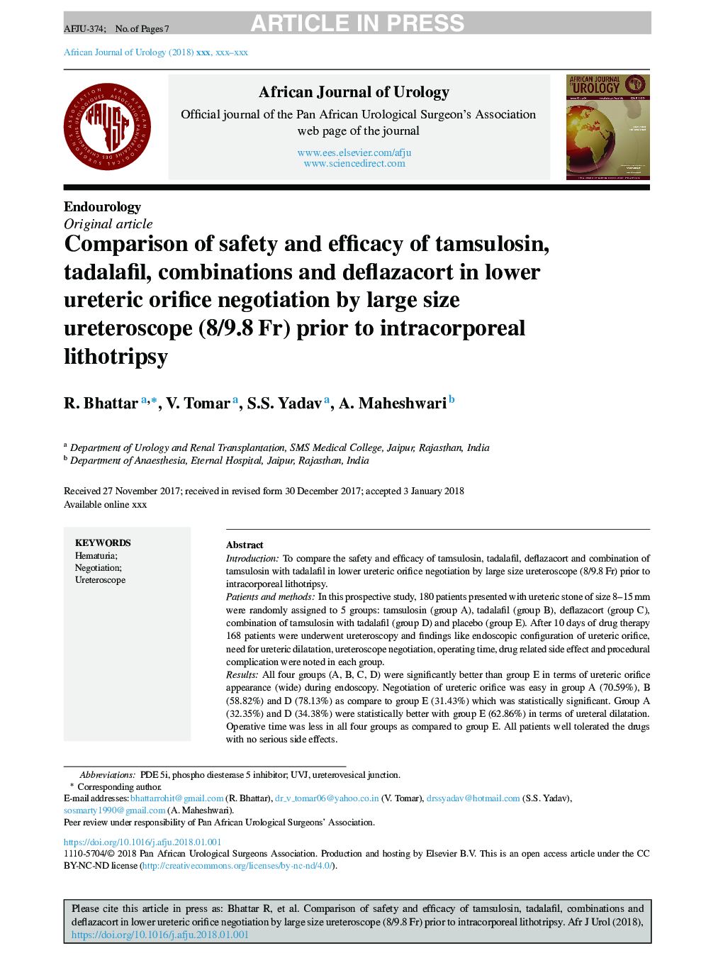 Comparison of safety and efficacy of tamsulosin, tadalafil, combinations and deflazacort in lower ureteric orifice negotiation by large size ureteroscope (8/9.8Â Fr) prior to intracorporeal lithotripsy