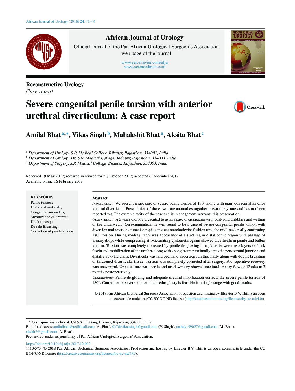 Severe congenital penile torsion with anterior urethral diverticulum: A case report