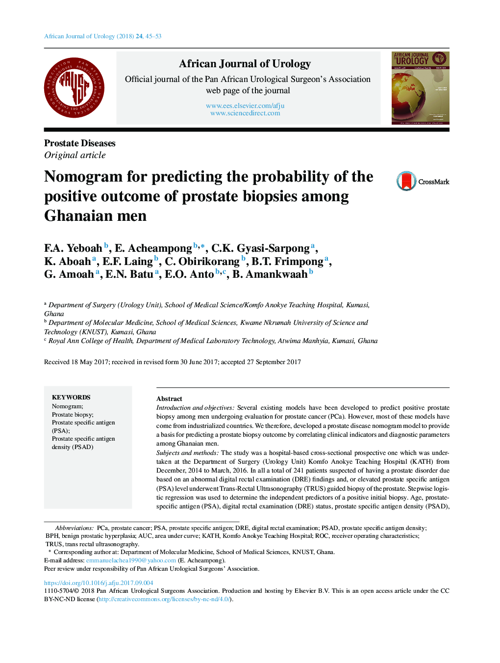 Nomogram for predicting the probability of the positive outcome of prostate biopsies among Ghanaian men