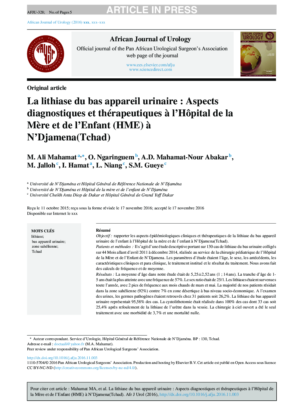 La lithiase du bas appareil urinaireÂ : Aspects diagnostiques et thérapeutiques Ã  l'HÃ´pital de la MÃ¨re et de l'Enfant (HME) Ã  N'Djamena (Tchad)