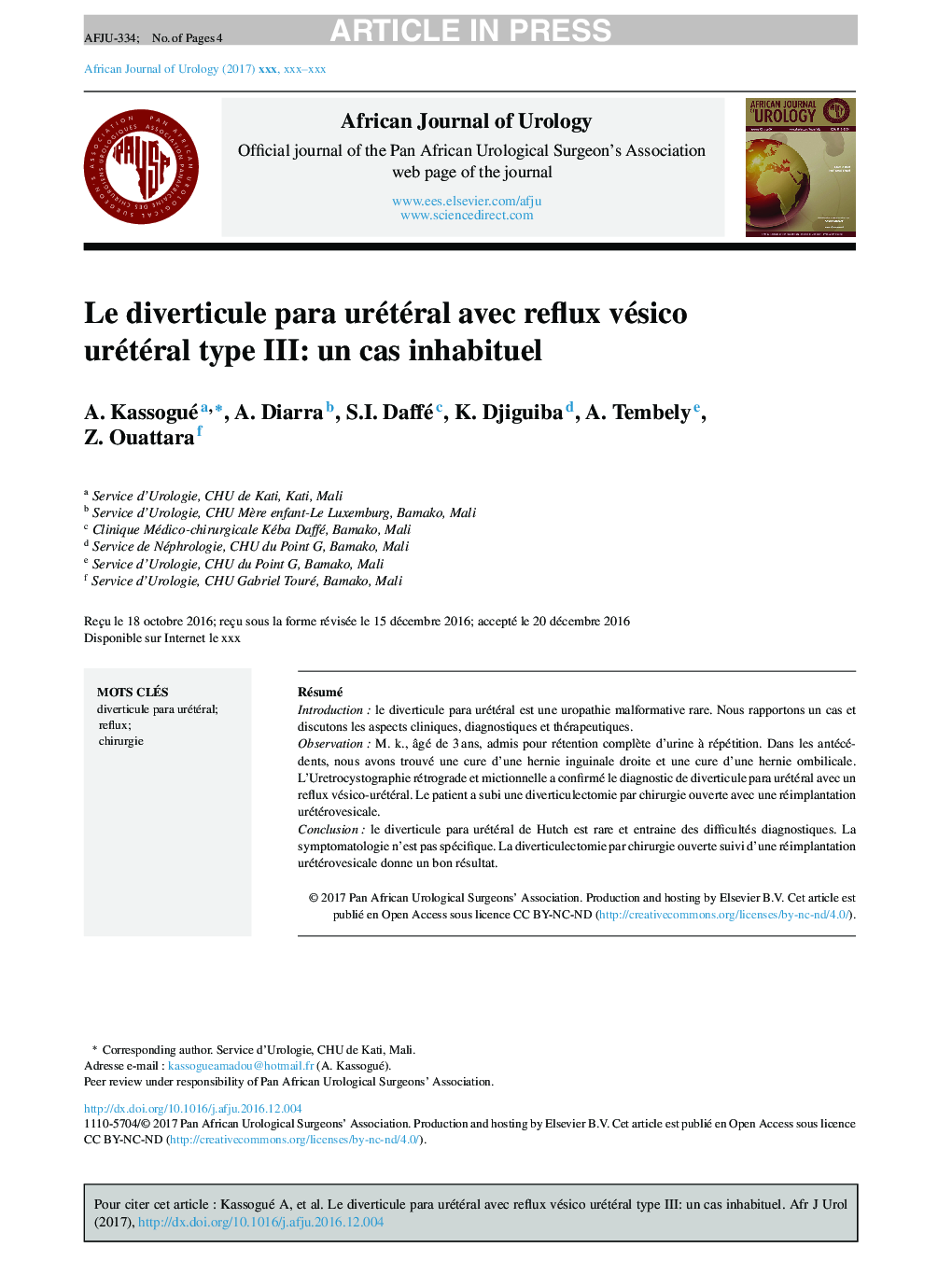 Le diverticule para urétéral avec reflux vésico urétéral type III: un cas inhabituel