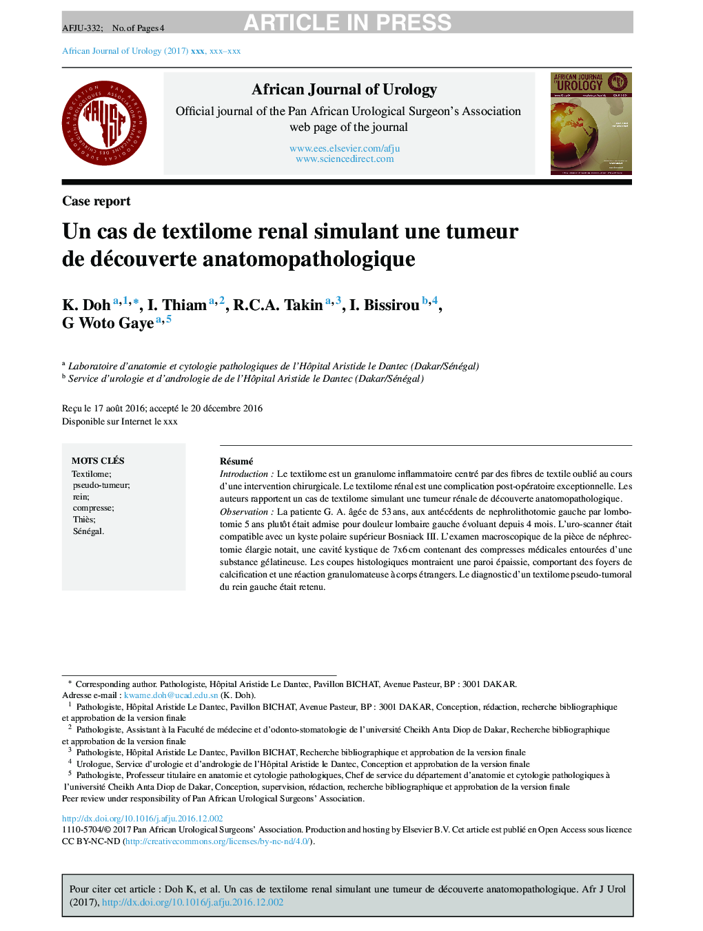 Un cas de textilome renal simulant une tumeur de découverte anatomopathologique