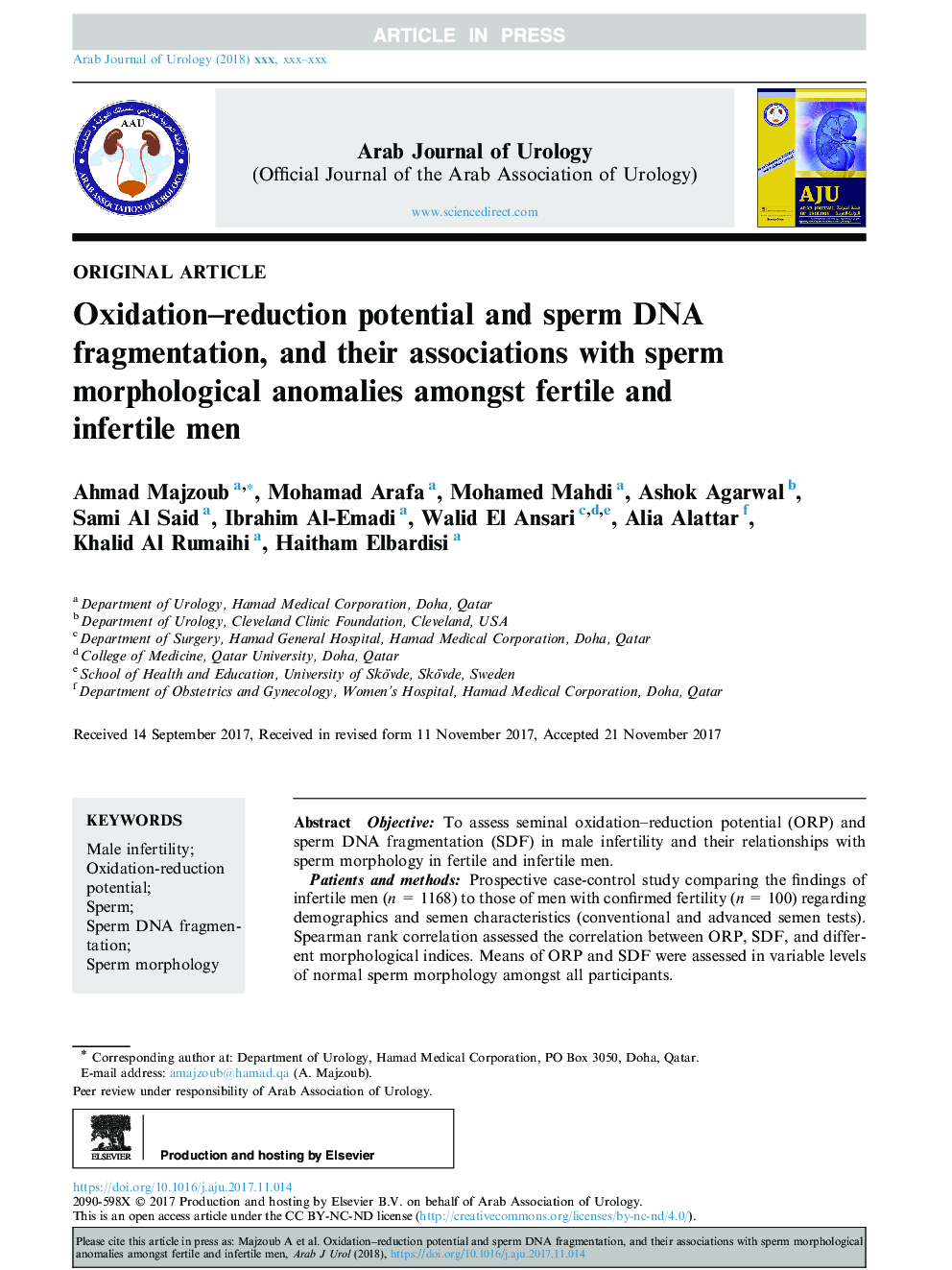 Oxidation-reduction potential and sperm DNA fragmentation, and their associations with sperm morphological anomalies amongst fertile and infertile men