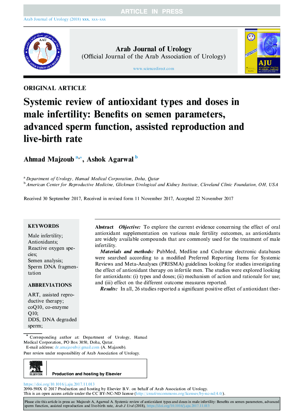 Systematic review of antioxidant types and doses in male infertility: Benefits on semen parameters, advanced sperm function, assisted reproduction and live-birth rate