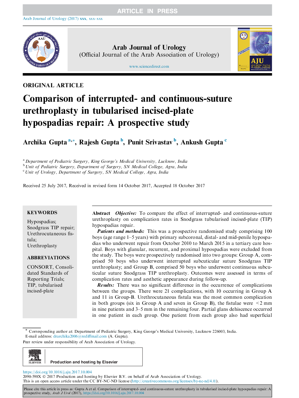 Comparison of interrupted- and continuous-suture urethroplasty in tubularised incised-plate hypospadias repair: A prospective study