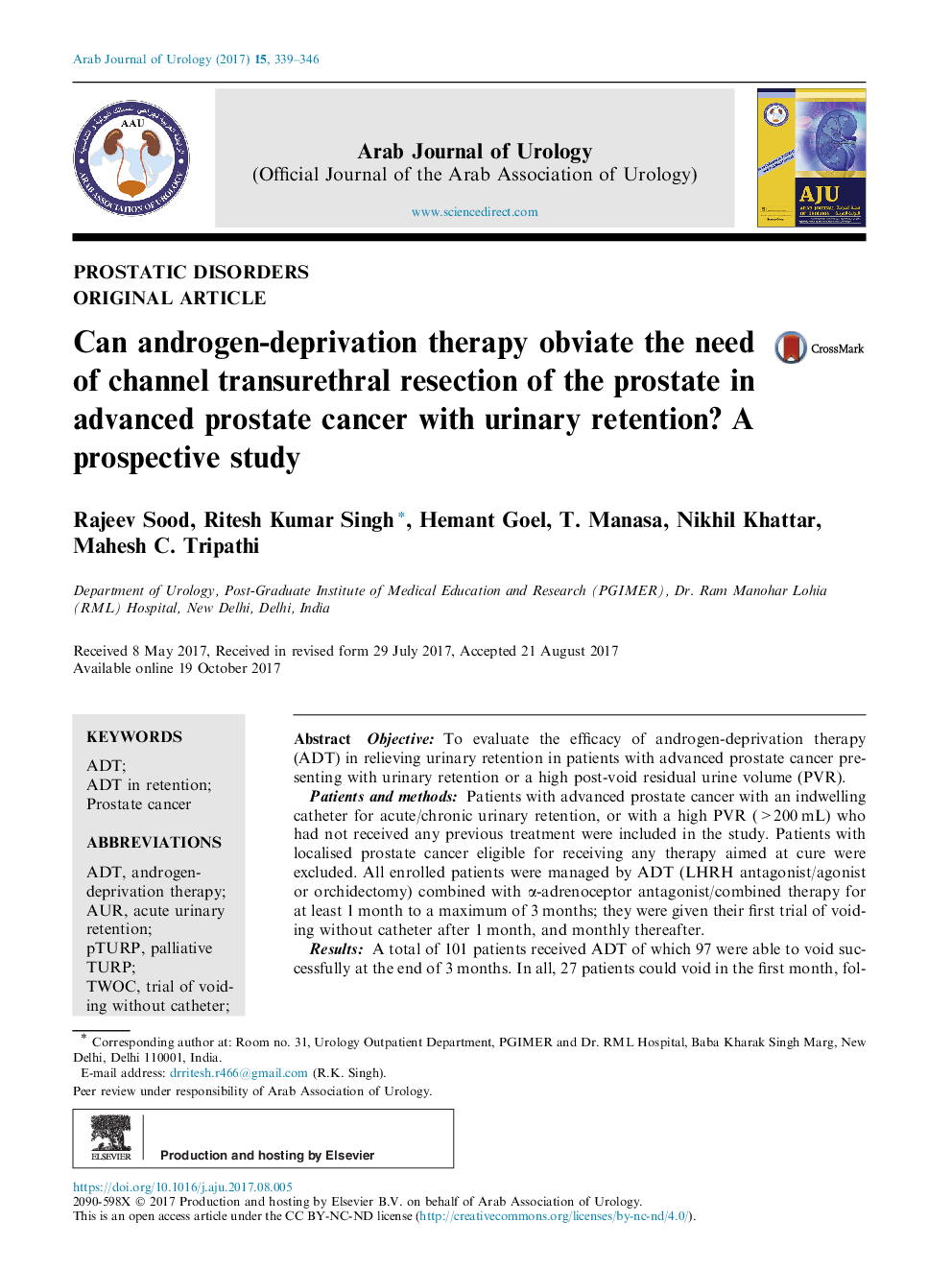 Can androgen-deprivation therapy obviate the need of channel transurethral resection of the prostate in advanced prostate cancer with urinary retention? A prospective study