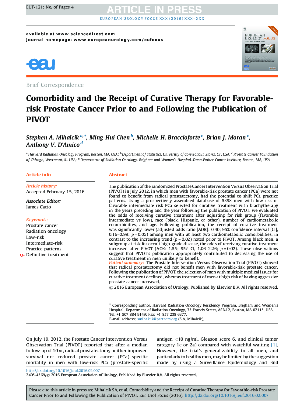 Comorbidity and the Receipt of Curative Therapy for Favorable-risk Prostate Cancer Prior to and Following the Publication of PIVOT