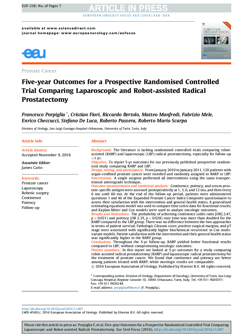 Five-year Outcomes for a Prospective Randomised Controlled Trial Comparing Laparoscopic and Robot-assisted Radical Prostatectomy