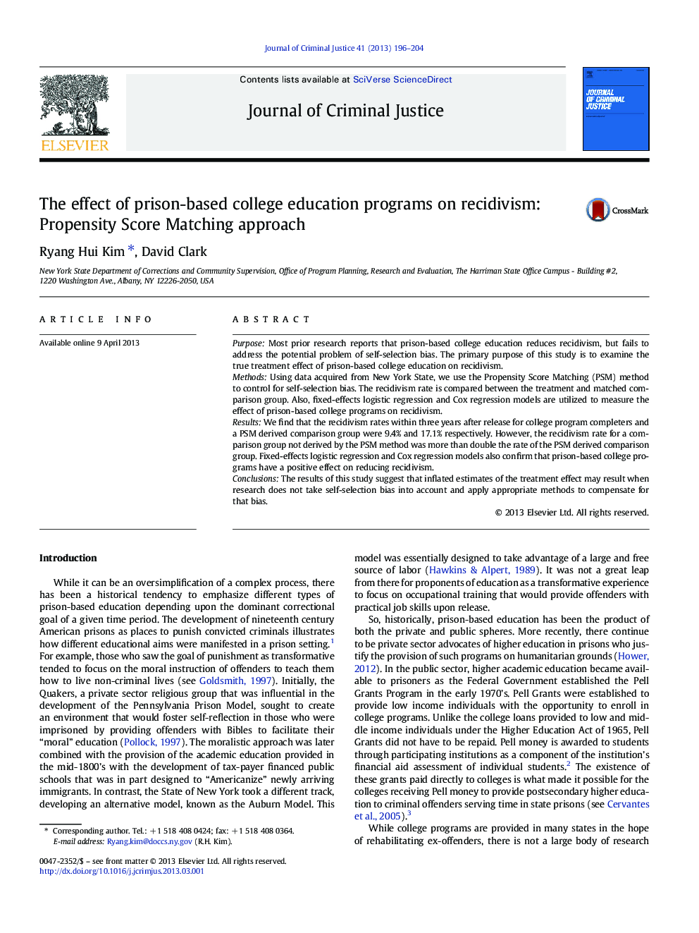 The effect of prison-based college education programs on recidivism: Propensity Score Matching approach