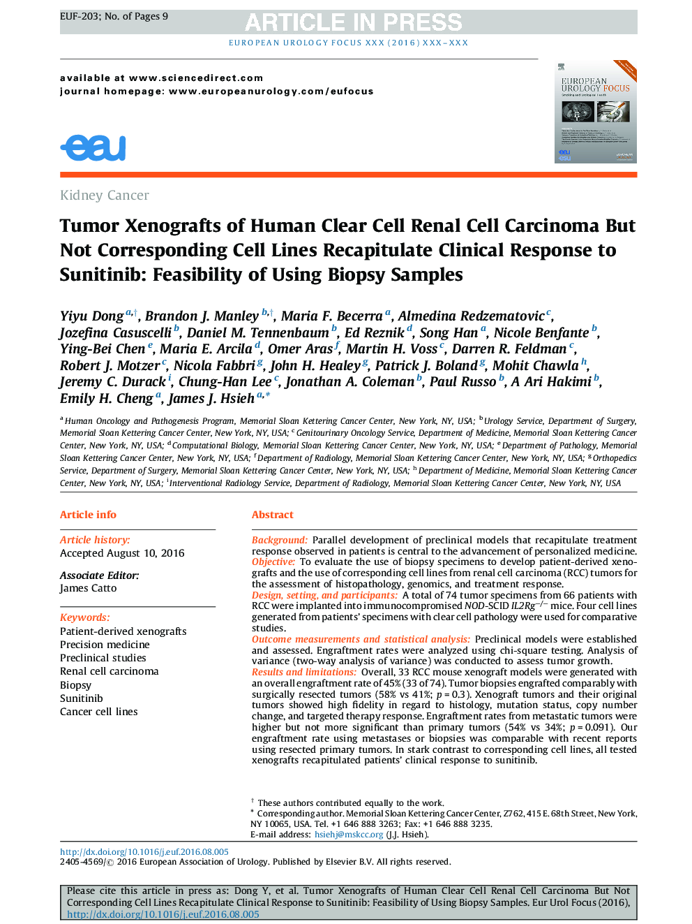 Tumor Xenografts of Human Clear Cell Renal Cell Carcinoma But Not Corresponding Cell Lines Recapitulate Clinical Response to Sunitinib: Feasibility of Using Biopsy Samples