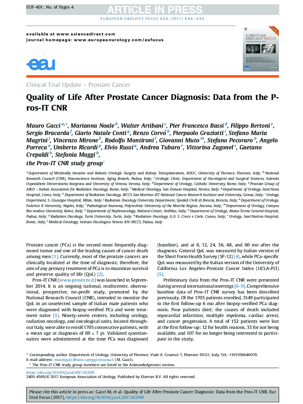 Quality of Life After Prostate Cancer Diagnosis: Data from the Pros-IT CNR