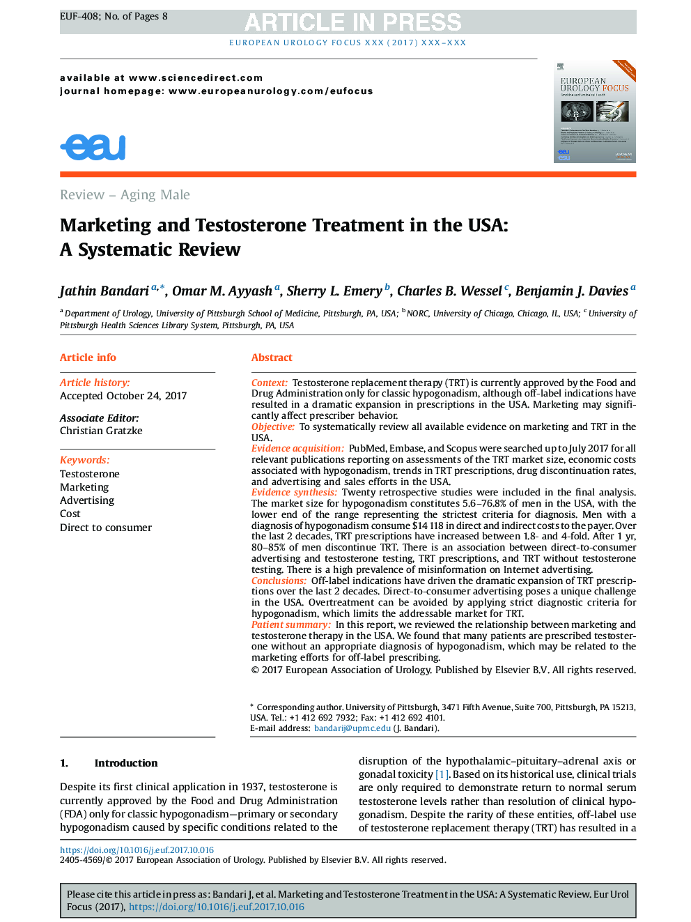 بازاریابی و درمان تستوسترون در ایالات متحده: یک بررسی سیستماتیک 