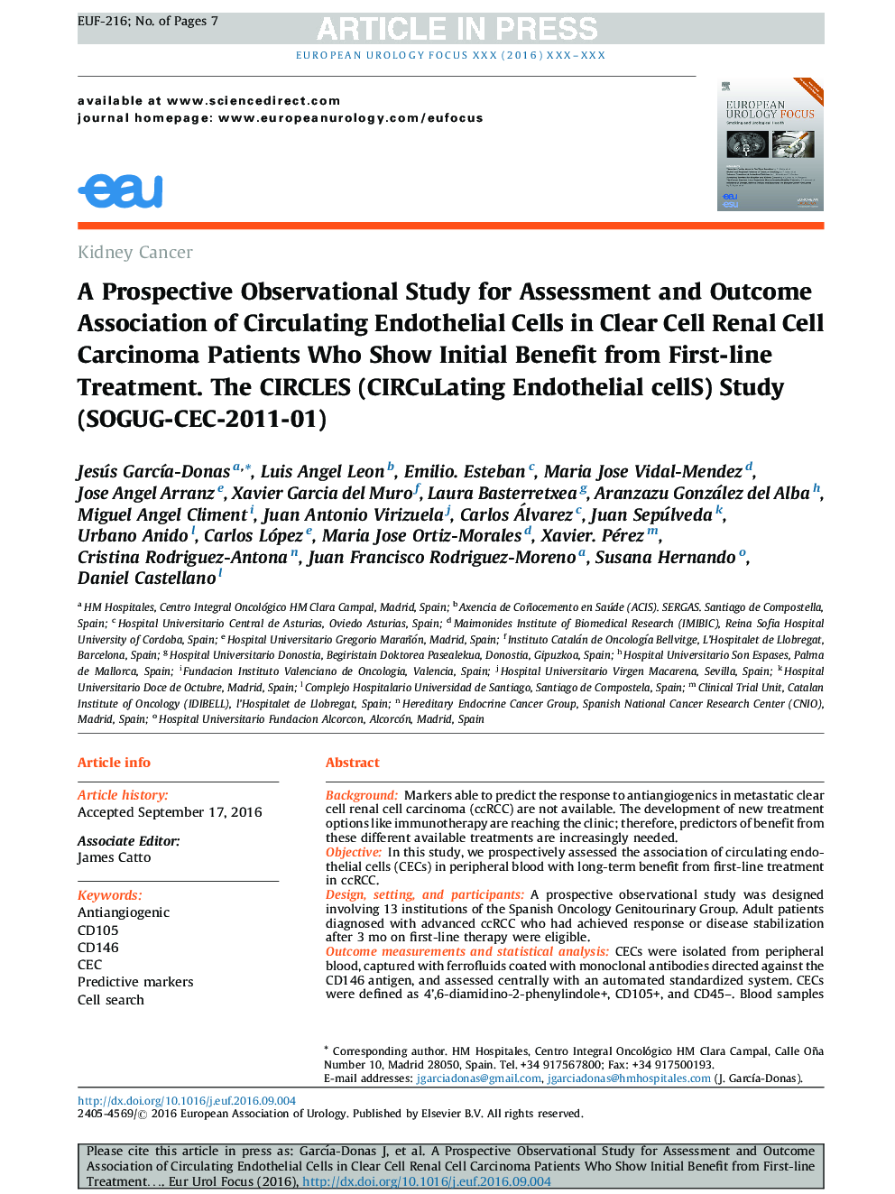 A Prospective Observational Study for Assessment and Outcome Association of Circulating Endothelial Cells in Clear Cell Renal Cell Carcinoma Patients Who Show Initial Benefit from First-line Treatment. The CIRCLES (CIRCuLating Endothelial cellS) Study (SO