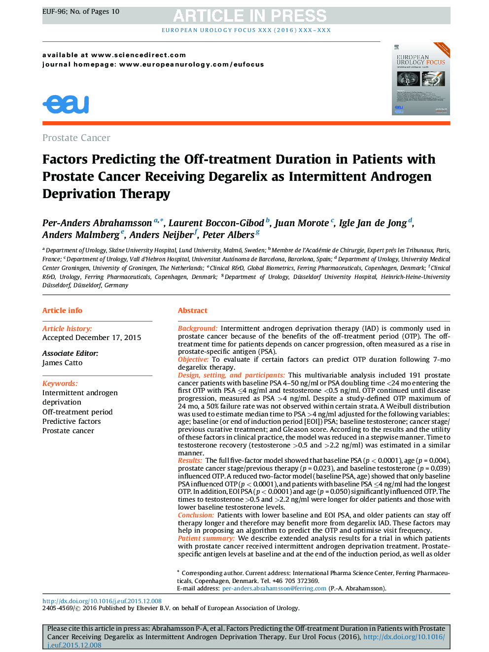 Factors Predicting the Off-treatment Duration in Patients with Prostate Cancer Receiving Degarelix as Intermittent Androgen Deprivation Therapy