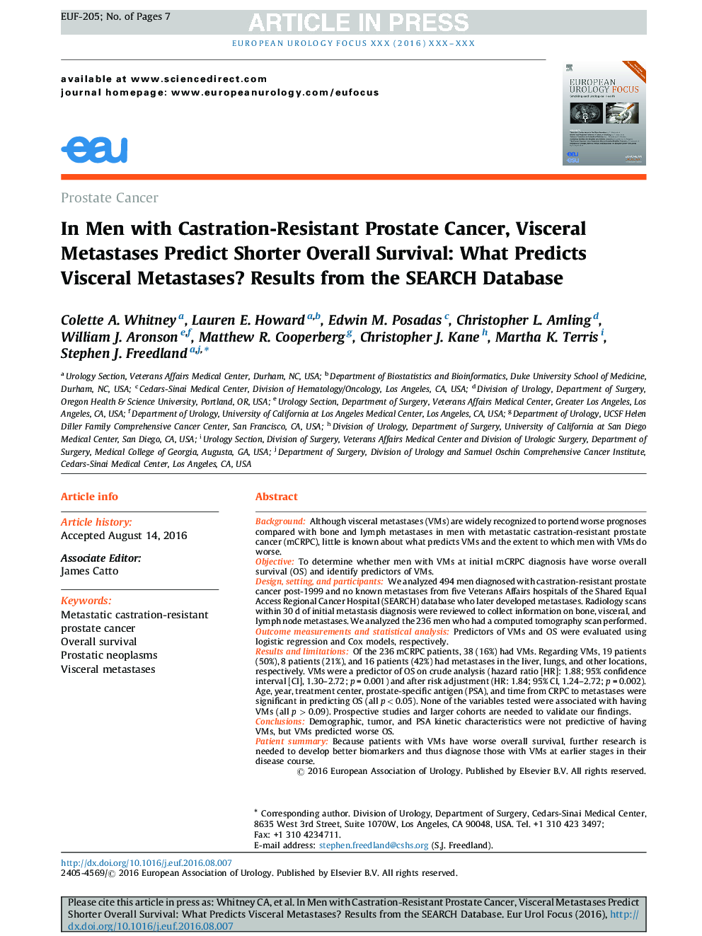 In Men with Castration-Resistant Prostate Cancer, Visceral Metastases Predict Shorter Overall Survival: What Predicts Visceral Metastases? Results from the SEARCH Database