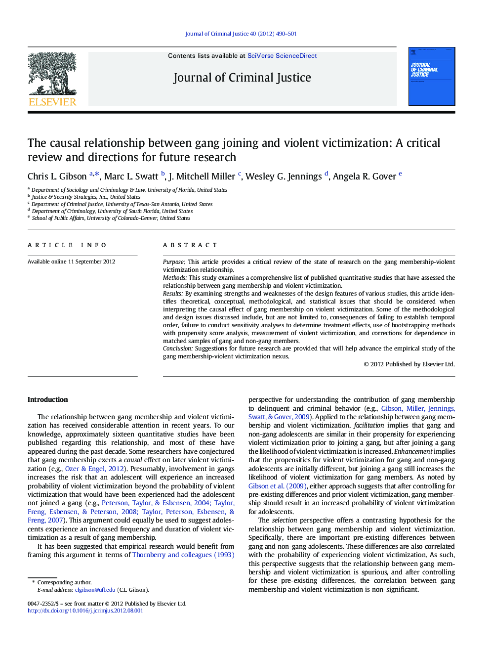 عکس صفحه اول مقاله: The causal relationship between gang joining and violent victimization: A critical review and directions for future research The causal relationship between gang joining and violent victimization: A critical review and directions for future research