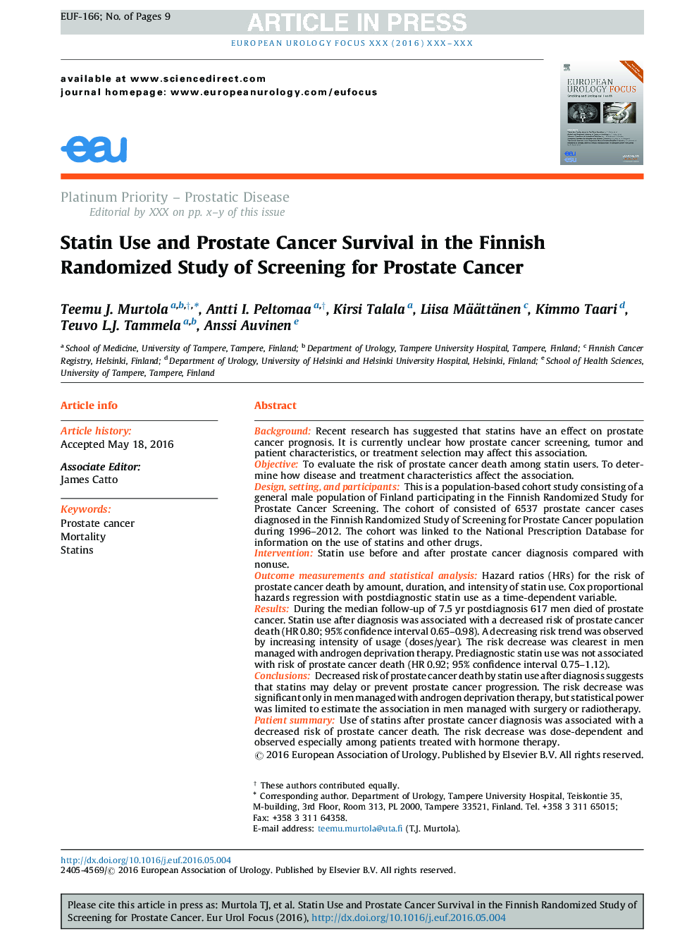 استفاده از استاتین و بقاء سرطان پروستات در مطالعات تصادفی فنلاندی غربالگری سرطان پروستات 