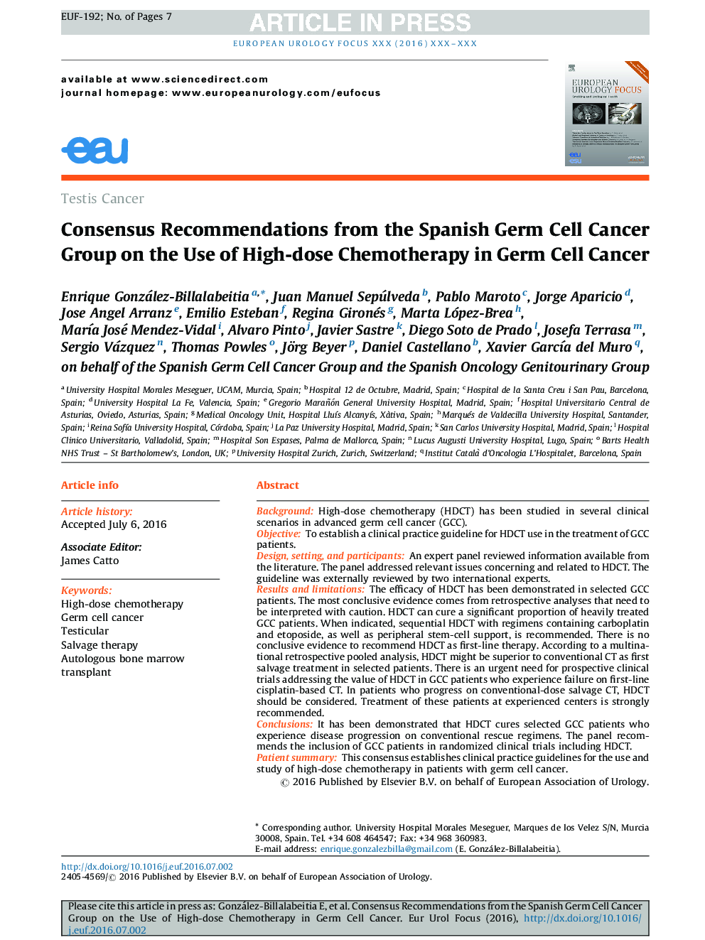 توصیه های انسانی از گروه سرطان سلول های بنیادی اسپانیا در مورد استفاده از دوز بالا شیمی درمانی در سرطان سلول های بنیادی 