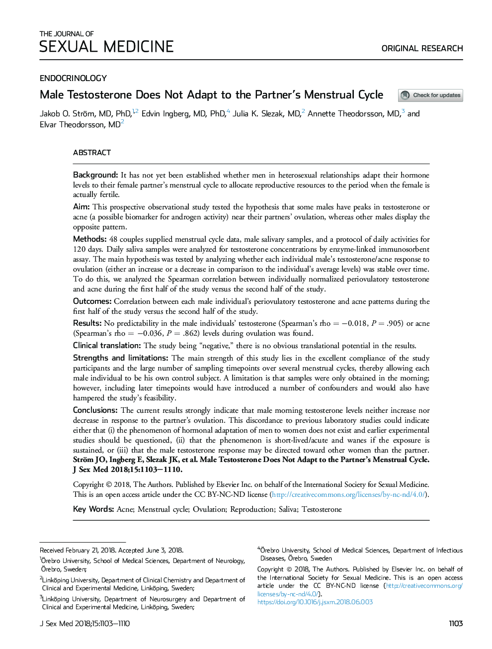 Male Testosterone Does Not Adapt to the Partner's Menstrual Cycle