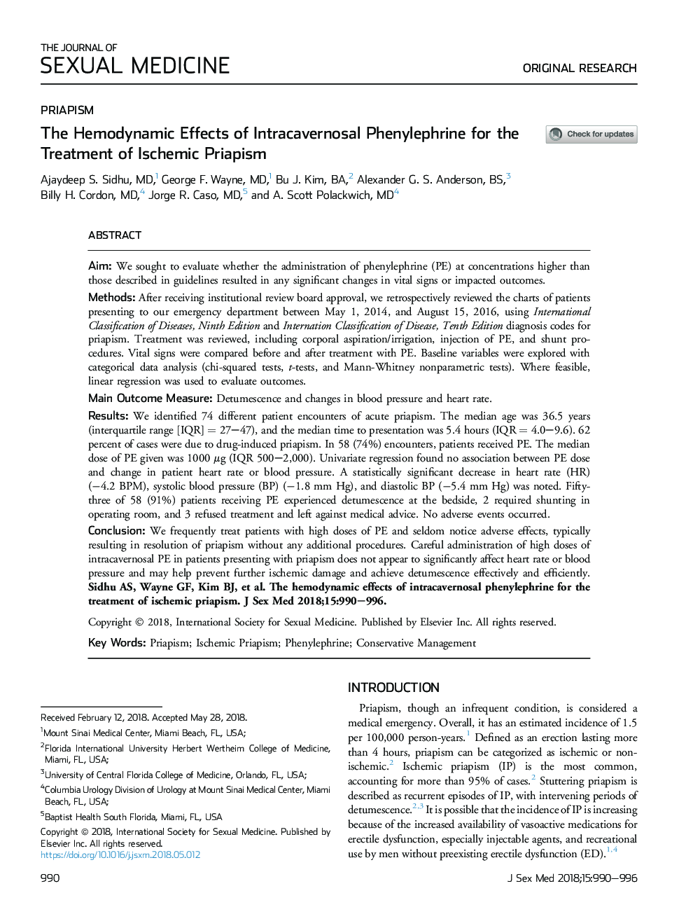 The Hemodynamic Effects of Intracavernosal Phenylephrine for the Treatment of Ischemic Priapism