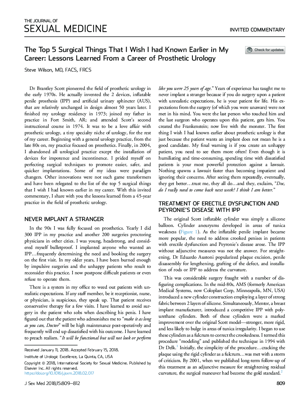 The Top 5 Surgical Things That I Wish I had Known Earlier in My Career: Lessons Learned From a Career of Prosthetic Urology