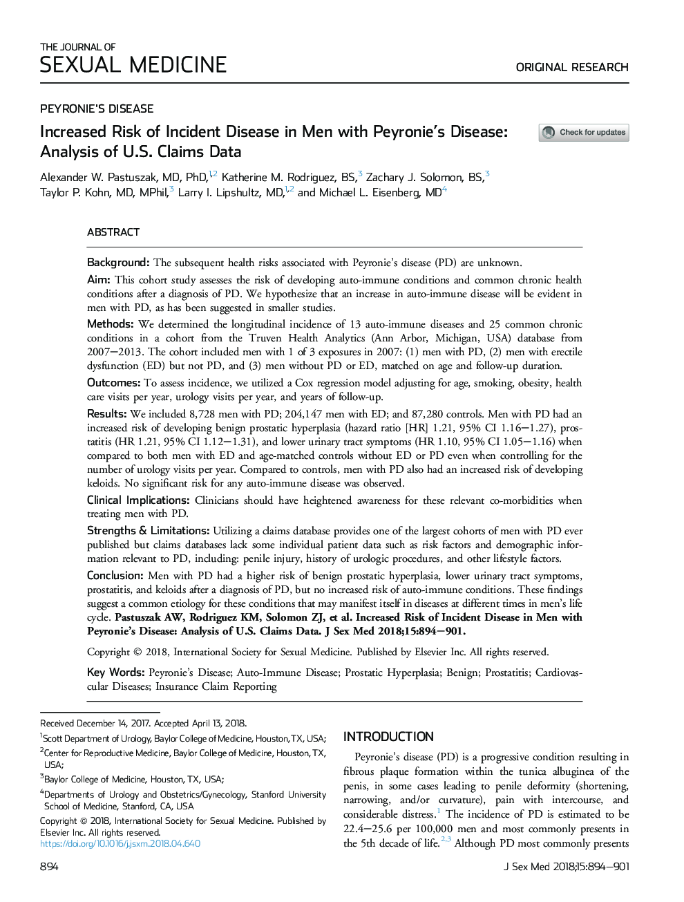 Increased Risk of Incident Disease in Men with Peyronie's Disease: Analysis of U.S. Claims Data