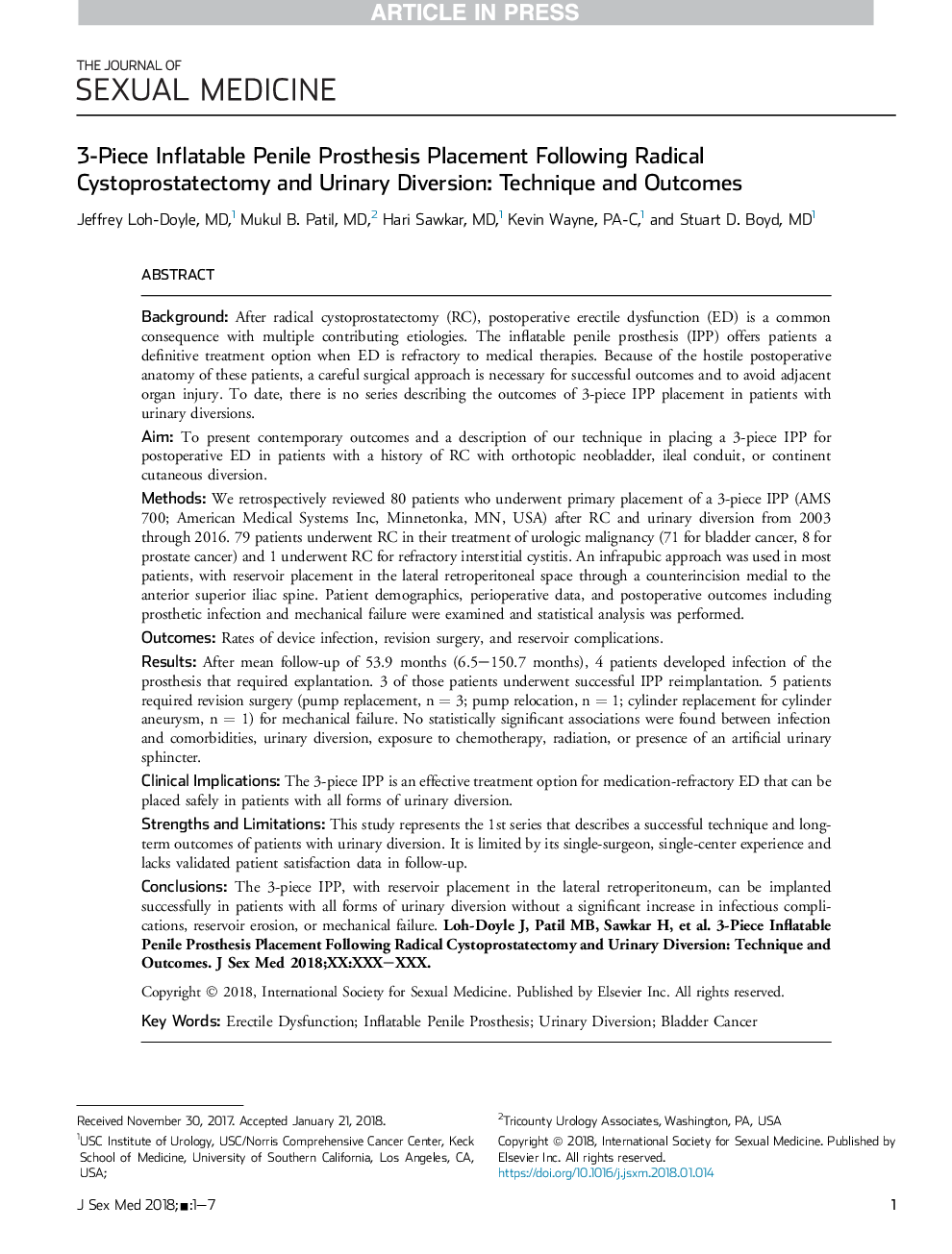 3-Piece Inflatable Penile Prosthesis Placement Following Radical Cystoprostatectomy and Urinary Diversion: Technique and Outcomes