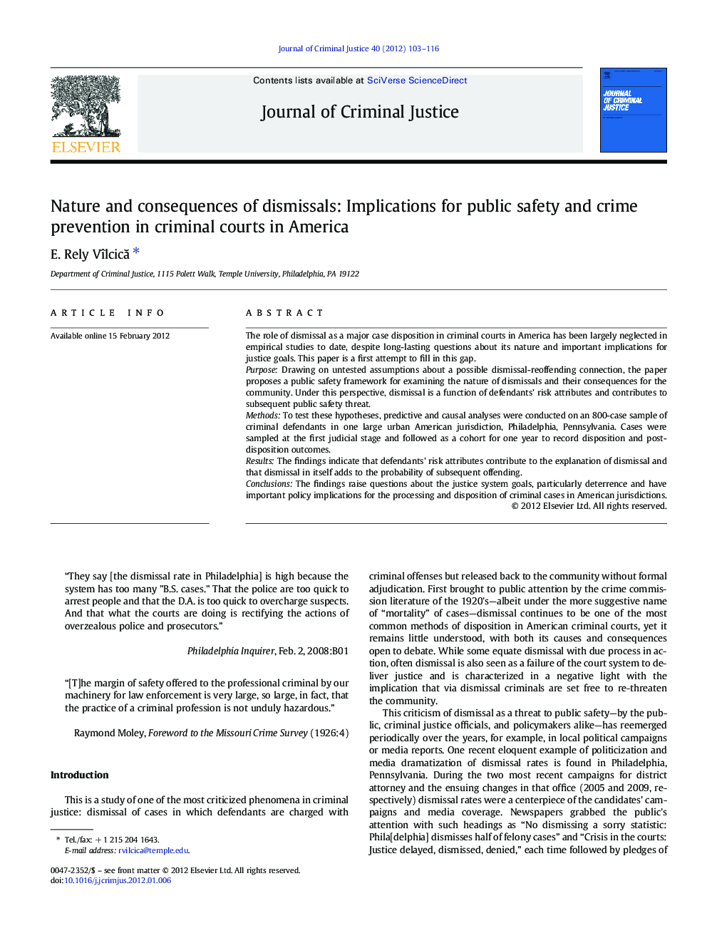 Nature and consequences of dismissals: Implications for public safety and crime prevention in criminal courts in America