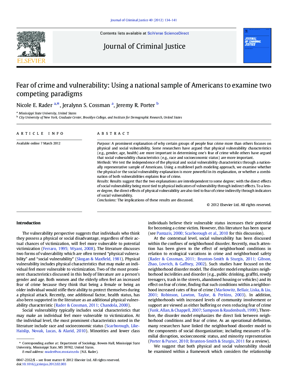 عکس صفحه اول مقاله: Fear of crime and vulnerability: Using a national sample of Americans to examine two competing paradigms Fear of crime and vulnerability: Using a national sample of Americans to examine two competing paradigms