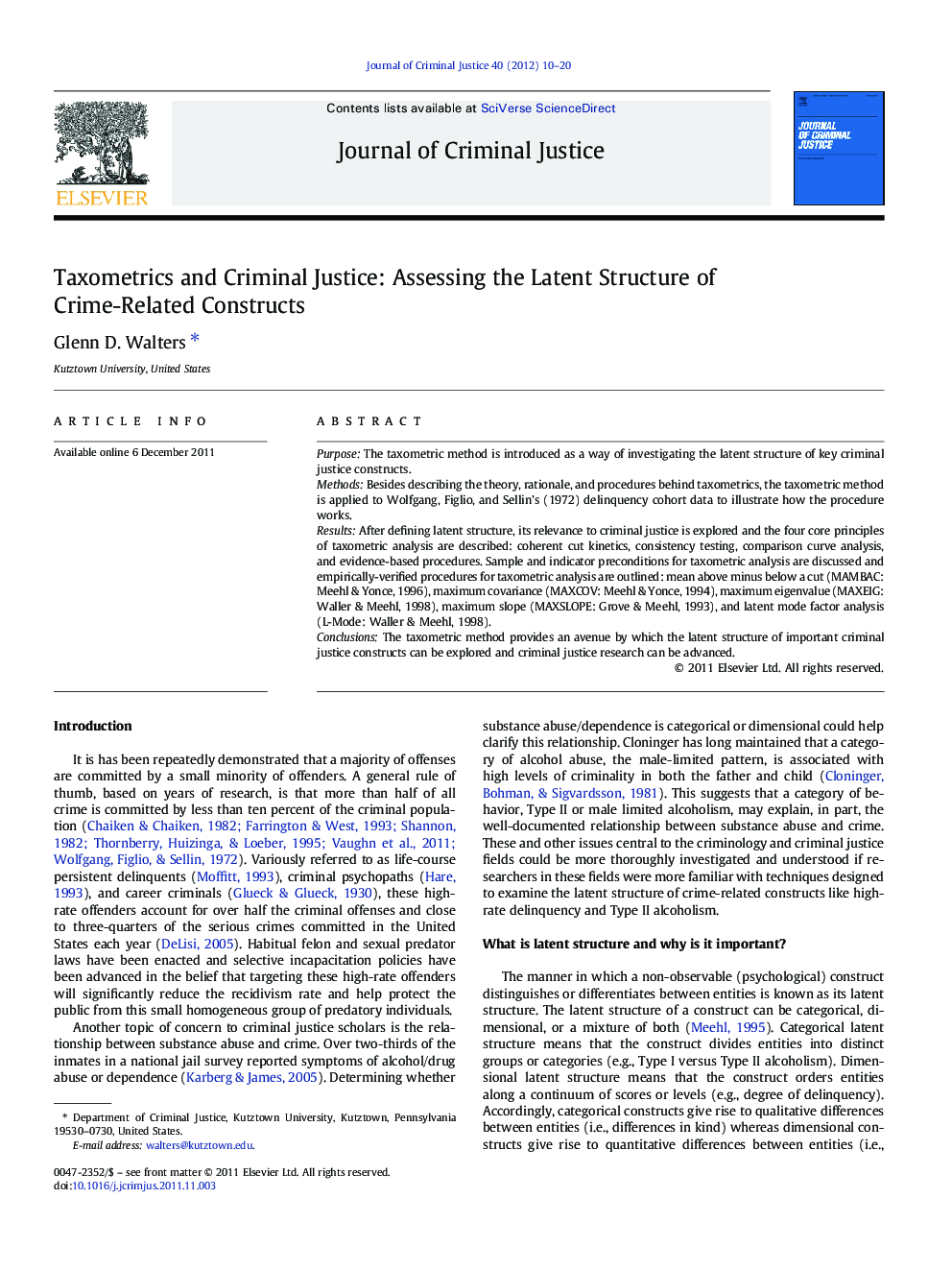 Taxometrics and Criminal Justice: Assessing the Latent Structure of Crime-Related Constructs