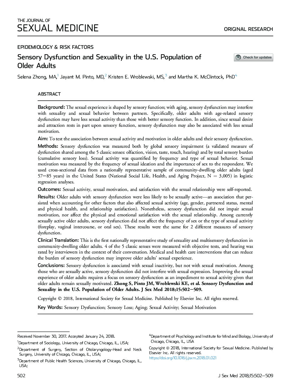 Sensory Dysfunction and Sexuality in the U.S. Population of Older Adults