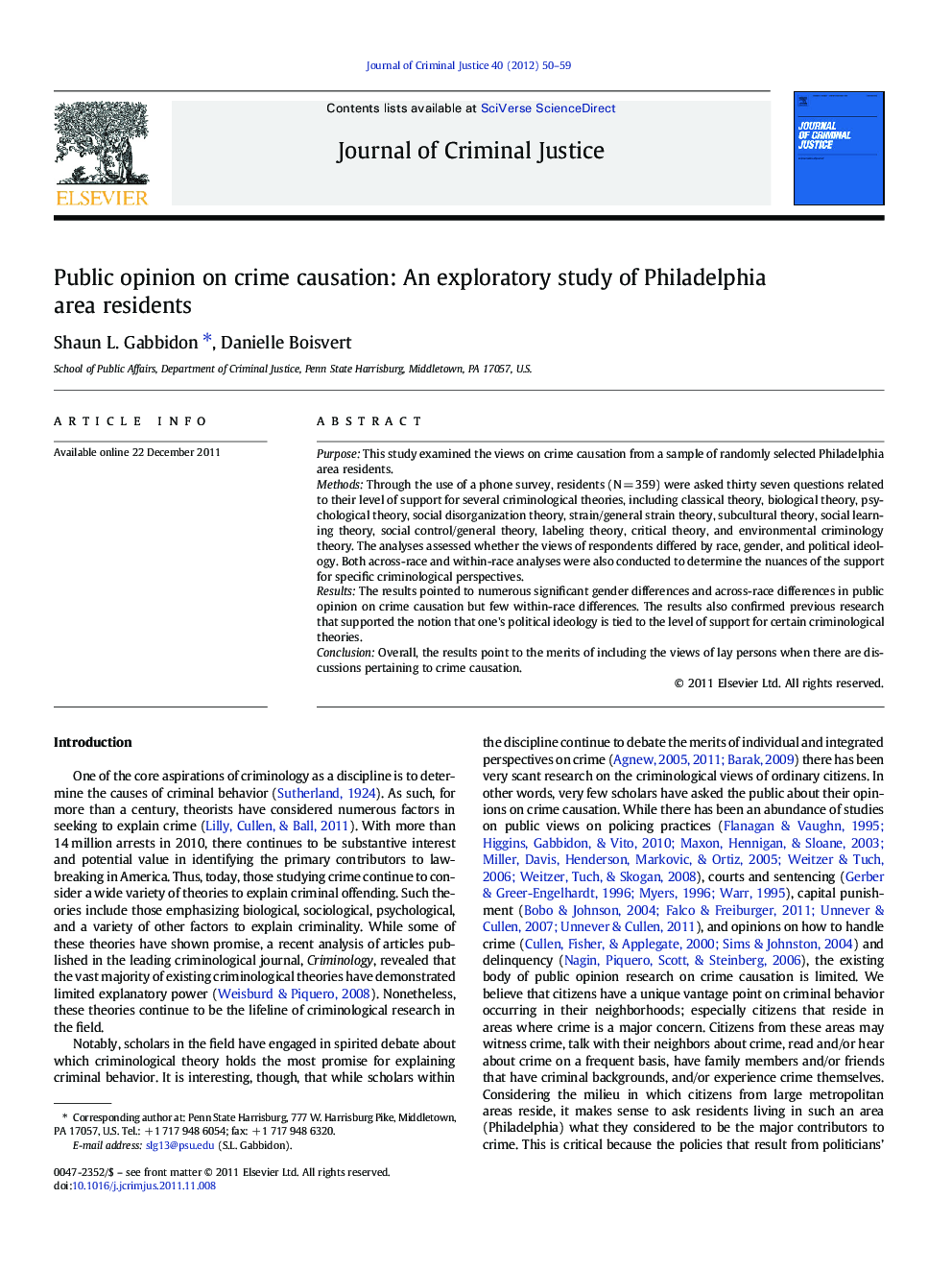 Public opinion on crime causation: An exploratory study of Philadelphia area residents