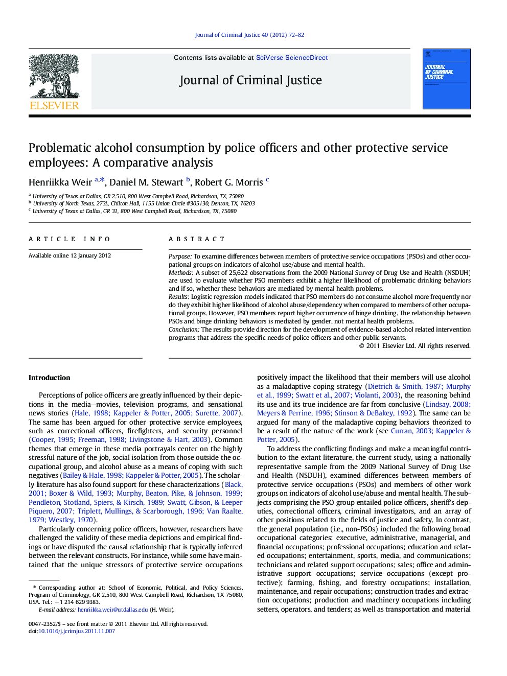 Problematic alcohol consumption by police officers and other protective service employees: A comparative analysis