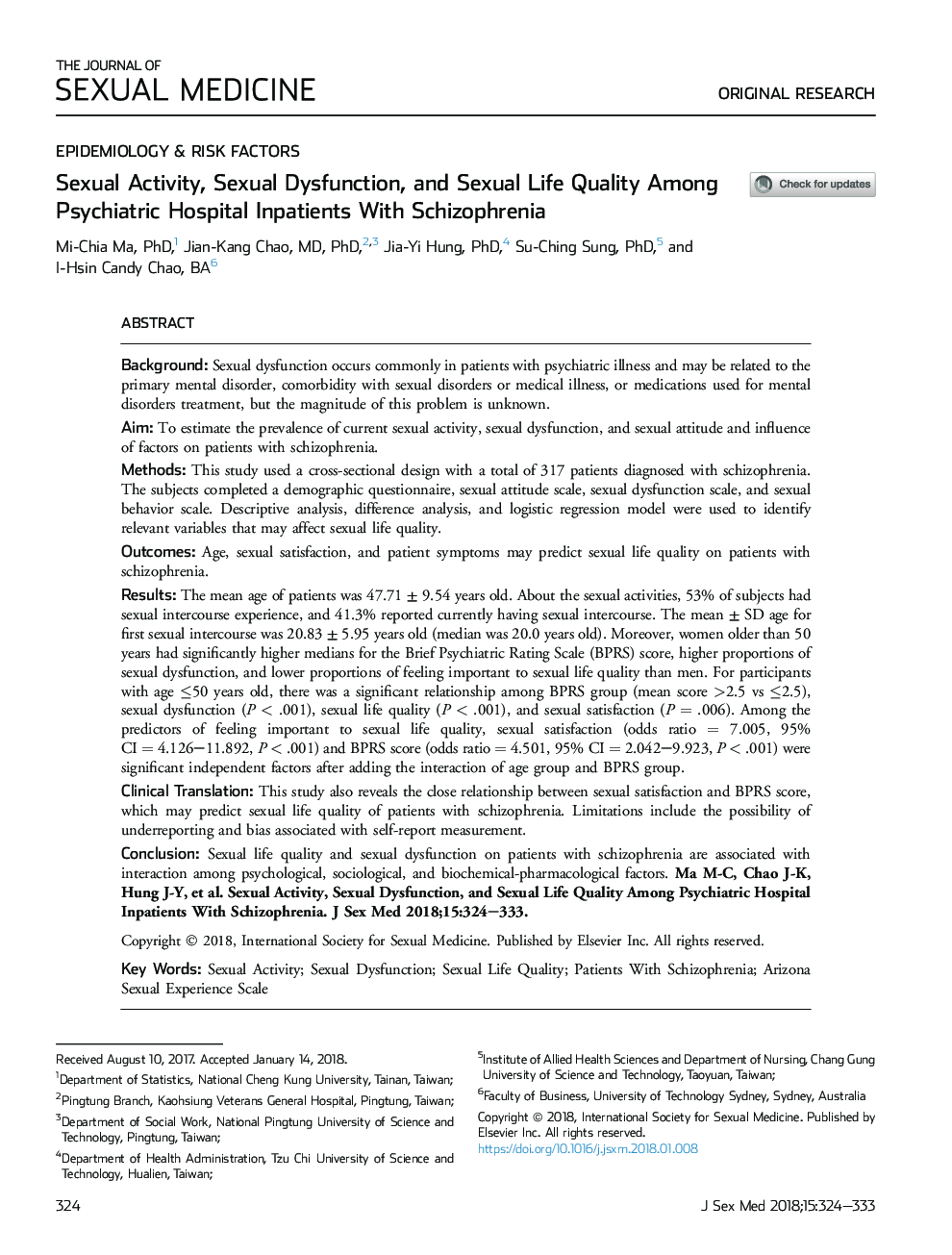 Sexual Activity, Sexual Dysfunction, and Sexual Life Quality Among Psychiatric Hospital Inpatients With Schizophrenia