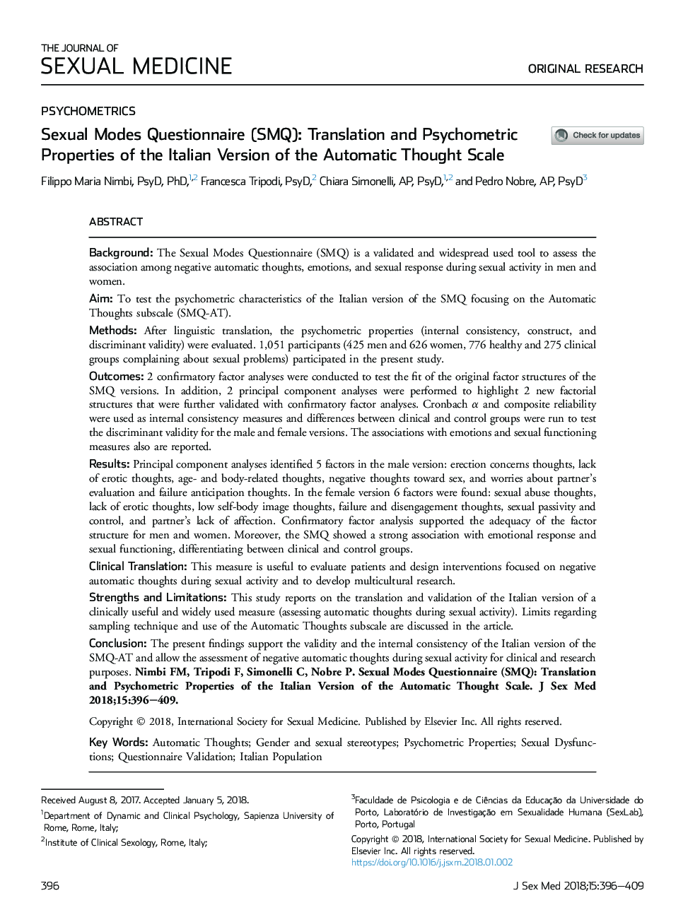 Sexual Modes Questionnaire (SMQ): Translation and Psychometric Properties of the Italian Version of the Automatic Thought Scale