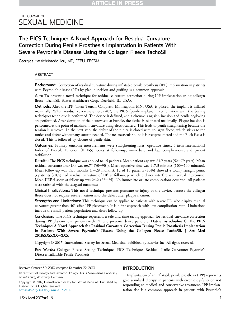 The PICS Technique: A Novel Approach for Residual Curvature Correction During Penile Prosthesis Implantation in Patients With Severe Peyronie's Disease Using the Collagen Fleece TachoSil