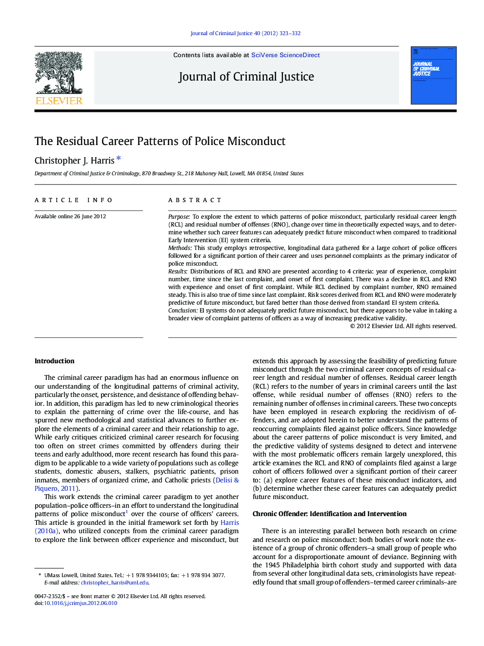 عکس صفحه اول مقاله: The Residual Career Patterns of Police Misconduct The Residual Career Patterns of Police Misconduct