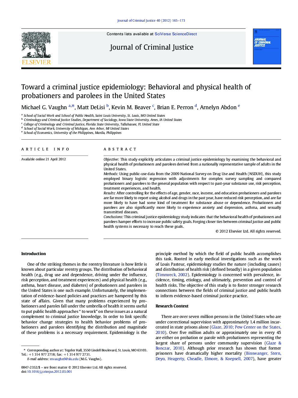 عکس صفحه اول مقاله: Toward a criminal justice epidemiology: Behavioral and physical health of probationers and parolees in the United States Toward a criminal justice epidemiology: Behavioral and physical health of probationers and parolees in the United States